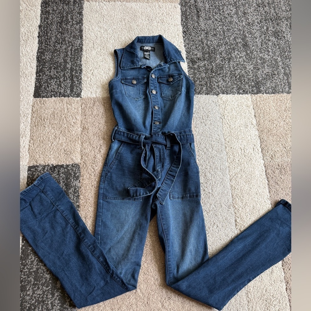 Rewash Blue Denim Button Front Sleeveless Jumpsuit- XS